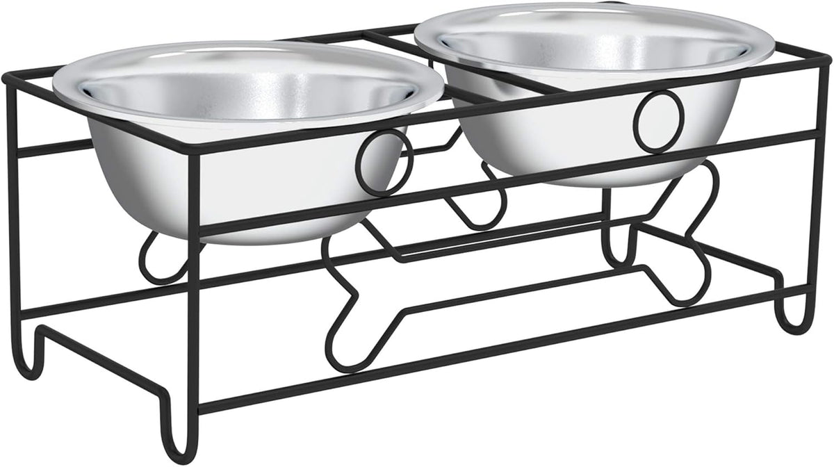 Set of 2 Stainless Steel Dog Bowls - 40Oz Pet Bowls with Decorative Dog Food Stand - Metal Food and Water Dishes for Large Pets - Puppy Essentials by (Silver/Black)