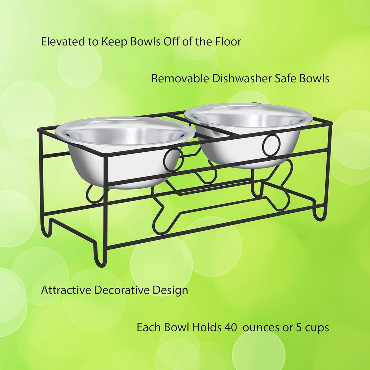 Set of 2 Stainless Steel Dog Bowls - 40Oz Pet Bowls with Decorative Dog Food Stand - Metal Food and Water Dishes for Large Pets - Puppy Essentials by (Silver/Black)
