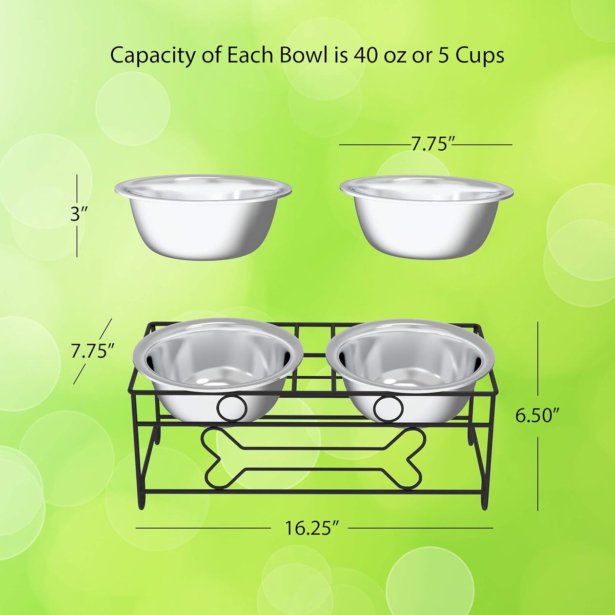 Set of 2 Stainless Steel Dog Bowls - 40Oz Pet Bowls with Decorative Dog Food Stand - Metal Food and Water Dishes for Large Pets - Puppy Essentials by (Silver/Black)