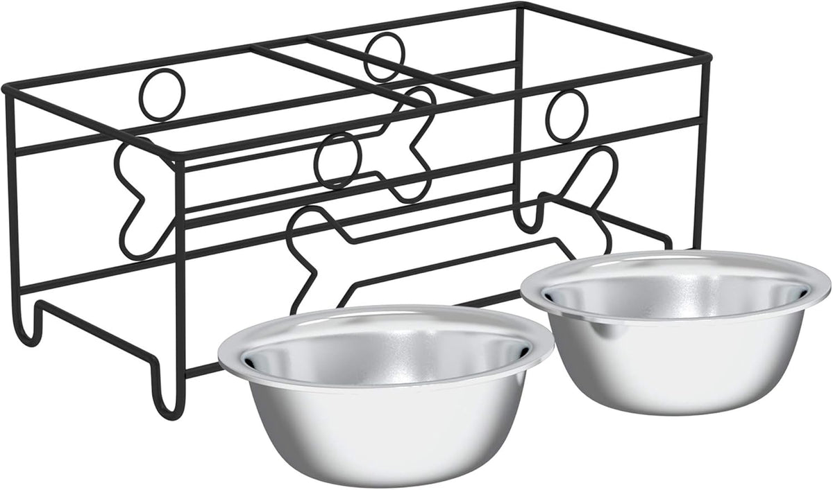 Set of 2 Stainless Steel Dog Bowls - 40Oz Pet Bowls with Decorative Dog Food Stand - Metal Food and Water Dishes for Large Pets - Puppy Essentials by (Silver/Black)