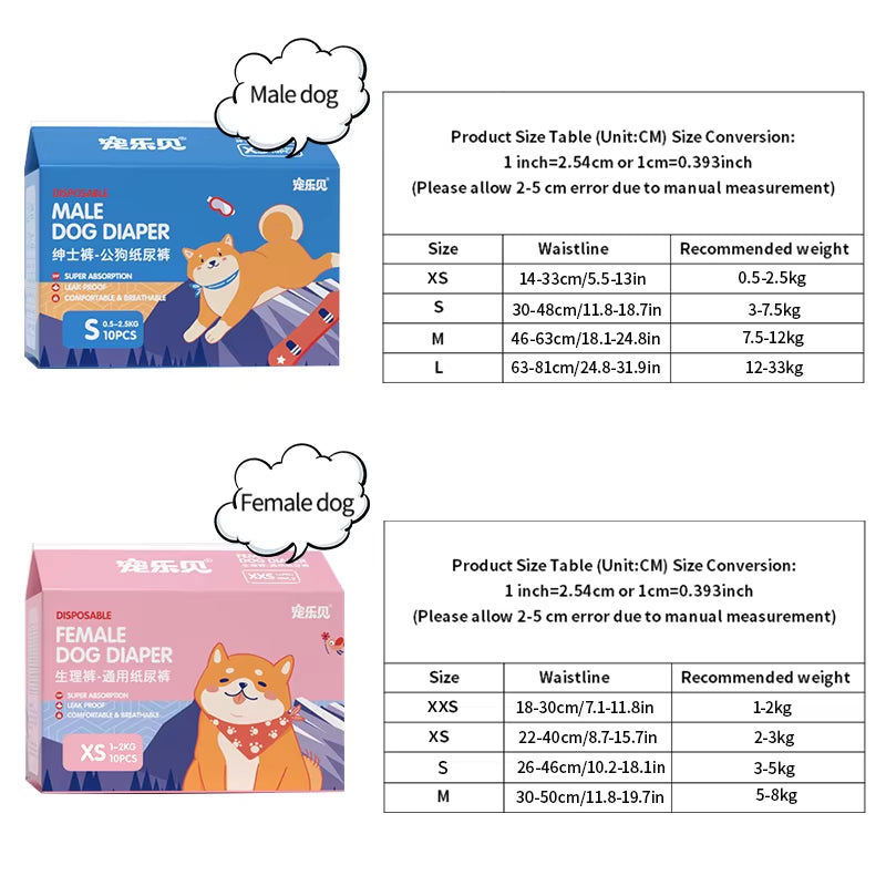 10Pcs Dog Diapers Males Females Disposable Nappies Pants Physiological Underwear Adjustable Leakproof Breathable Safety Pants