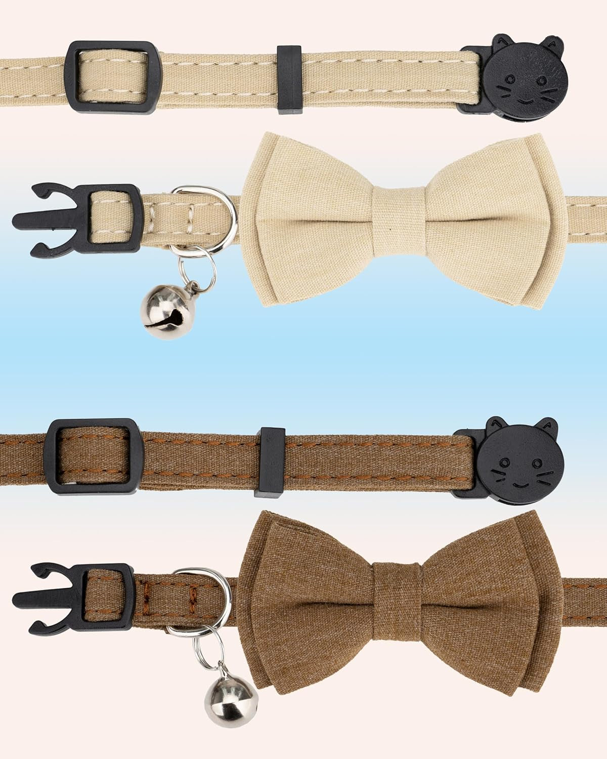 Cat Collar Breakaway Bowtie Safety with Bell Adjustbale Kitten Puppy Solid Plaid Color Set A-[2Pcs] Brown & Beige