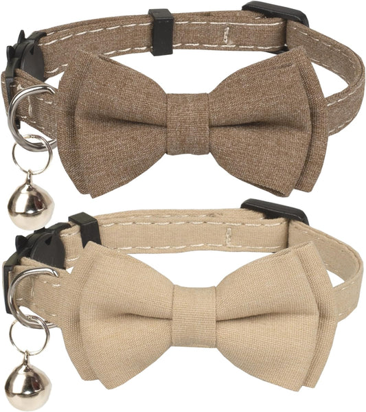 Cat Collar Breakaway Bowtie Safety with Bell Adjustbale Kitten Puppy Solid Plaid Color Set A-[2Pcs] Brown & Beige