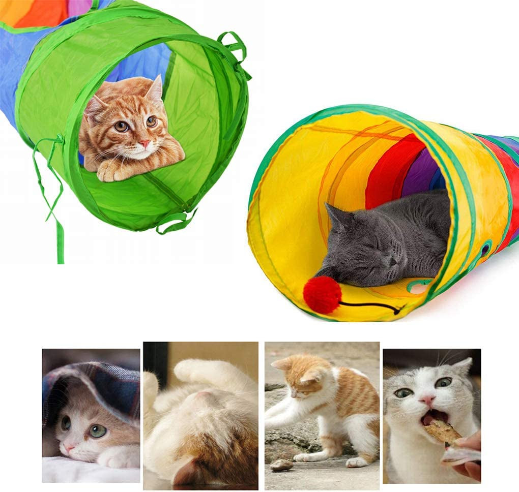 Cat Tunnel for Indoor Cats, 45" Long Rainbow Collapsible Kitten Tube with a Fun Ball and 2 Holes Cat Play Tunnel, Rabbit Tunnel for Kittens Exercising Hiding Training and Running(Colorful)