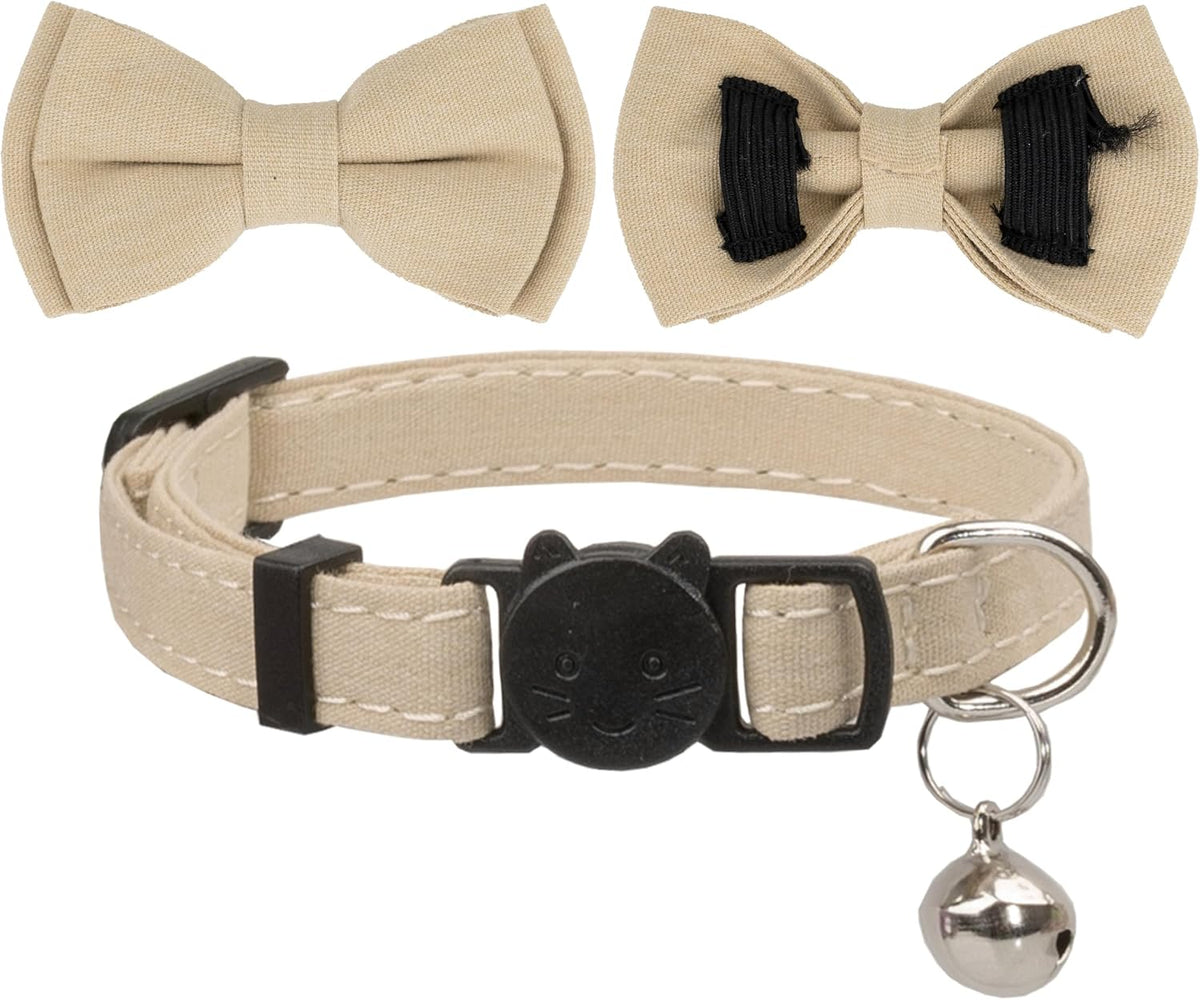 Cat Collar Breakaway Bowtie Safety with Bell Adjustbale Kitten Puppy Solid Plaid Color Set A-[2Pcs] Brown & Beige