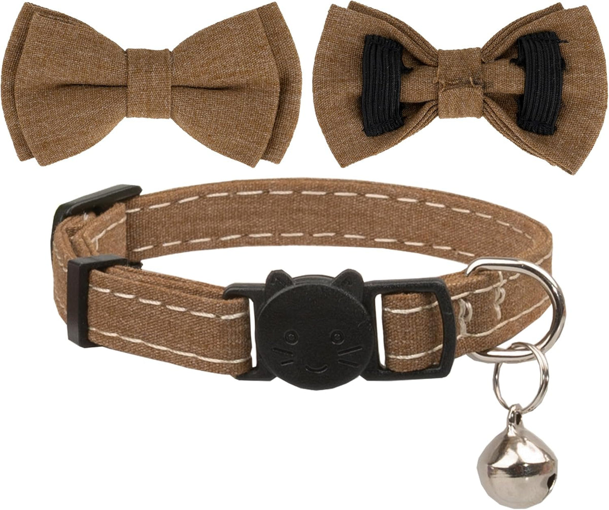 Cat Collar Breakaway Bowtie Safety with Bell Adjustbale Kitten Puppy Solid Plaid Color Set A-[2Pcs] Brown & Beige